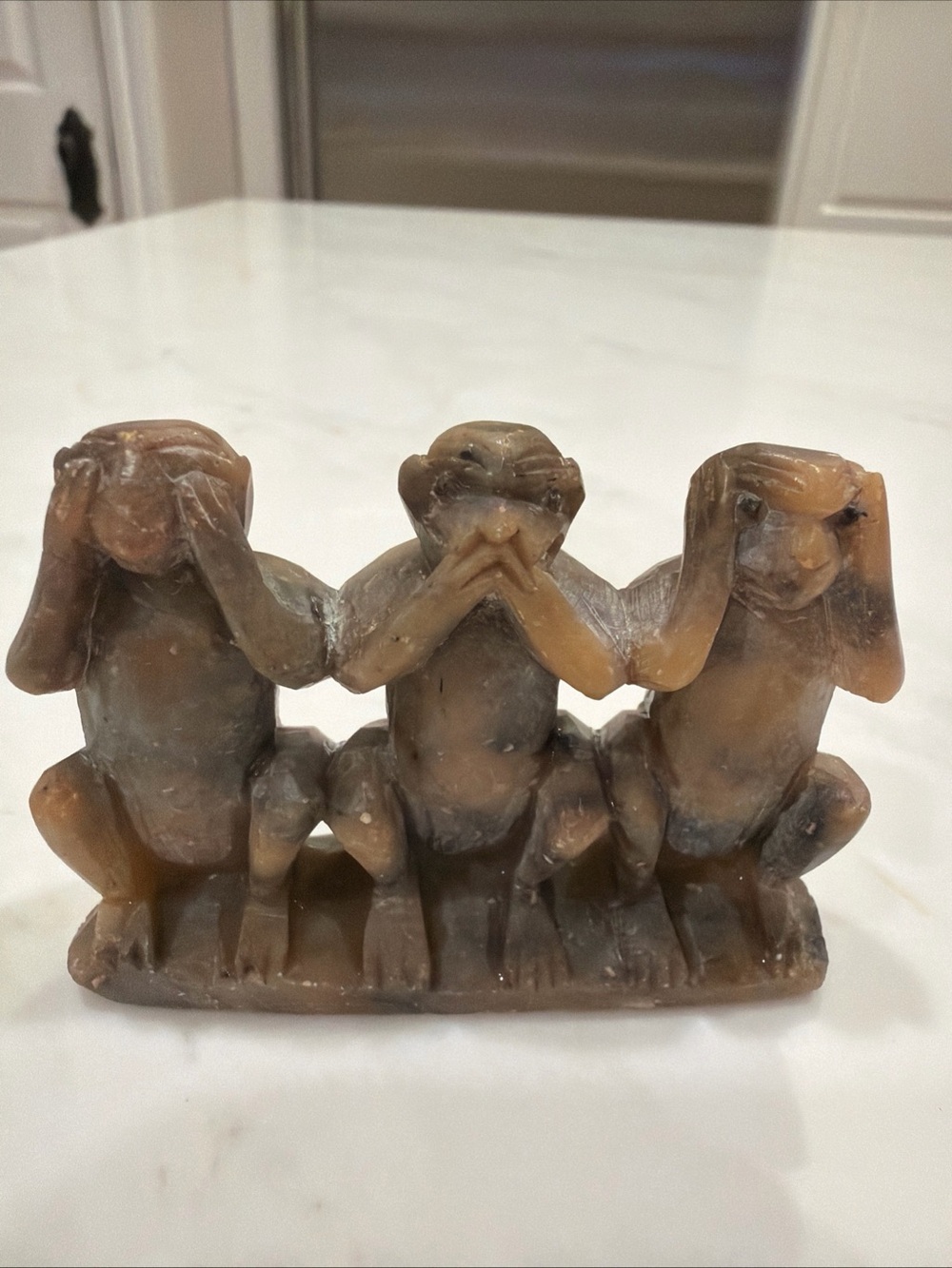 Handcrafted 3 Wise Monkeys Carved Soap Stone Figurine Hear, Speak & Hear No Evil